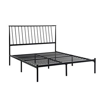 Angie Queen Bed, Platform Foundation, Slatted Headboard, Black Metal Frame