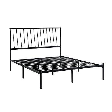 Angie Queen Bed, Platform Foundation, Slatted Headboard, Black Metal Frame