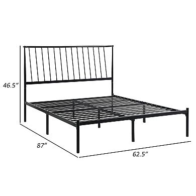 Angie Queen Bed, Platform Foundation, Slatted Headboard, Black Metal Frame