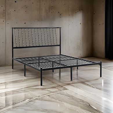 Angie Queen Bed, Platform Foundation, Slatted Headboard, Black Metal Frame