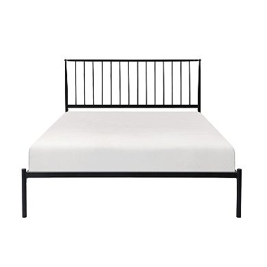 Angie Queen Bed, Platform Foundation, Slatted Headboard, Black Metal Frame