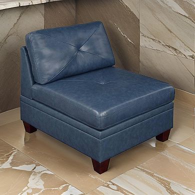 Samy 37 Inch Modular Armless Sofa Chair, Blue Faux Leather, Solid Wood