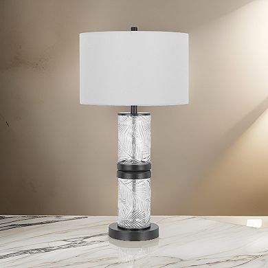 Hem 31 Inch Table Lamp With Drum Hardback, Led, Leafy Glass, Gray Metal