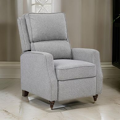 Isac 37 Inch Push Back Recliner Chair, Gray Polyester, Brown Solid Wood