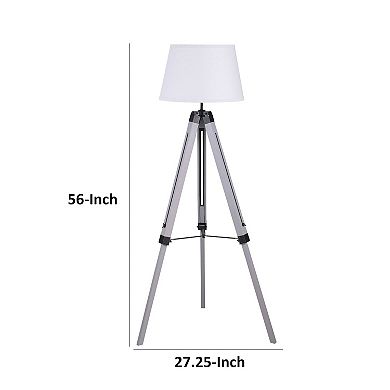 56 Inch Floor Lamp, White Tapered Drum Shade, Weathered Gray Tripod Base