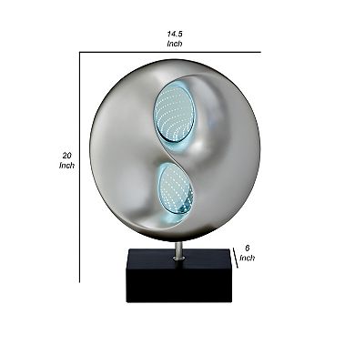 Nila 20 Inch Led Table Lamp, Black Silver Polyresin Orb Sphere, Block Base
