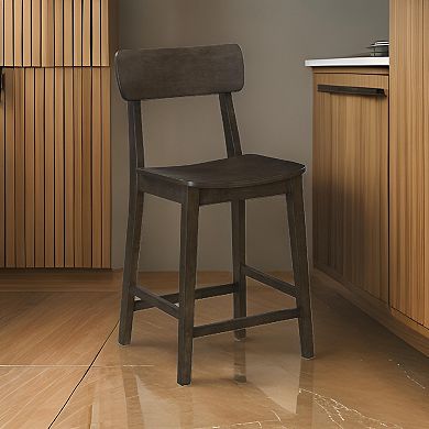 24 Inch Counter Stool Chair, Rubberwood Curved Back And Seat, Dark Gray