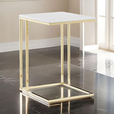 Zen 23 Inch Side End Tray Table, White Tray Top, Steel Base In Gold Finish