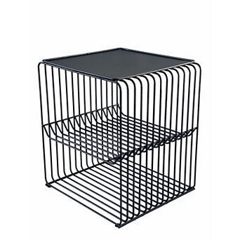 20 Inch Tall Side End Table, 2 Shelves, Square Top, Black Metal Wire Frame