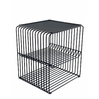20 Inch Tall Side End Table, 2 Shelves, Square Top, Black Metal Wire Frame