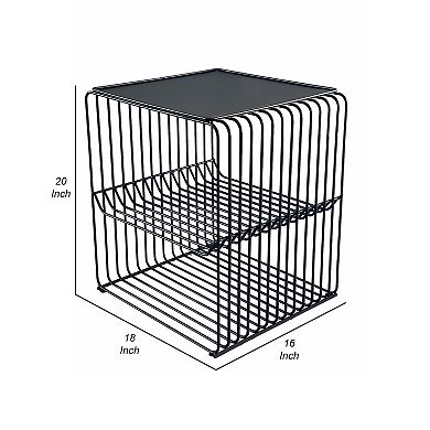 20 Inch Tall Side End Table, 2 Shelves, Square Top, Black Metal Wire Frame