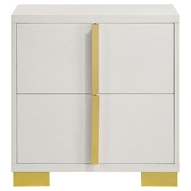 Dex 22 Inch Nightstand, 2 Drawers With Long Vertical Gold Handles, White