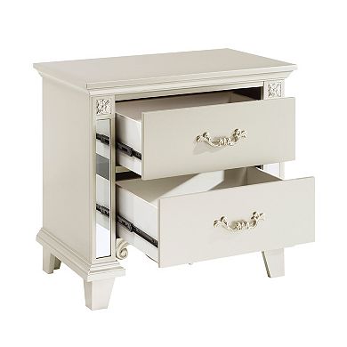 Xeni 28 Inch Nighstand, 2 Drawers, Scrolled And Mirror Accent, Champagne