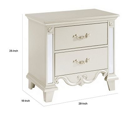 Xeni 28 Inch Nighstand, 2 Drawers, Scrolled And Mirror Accent, Champagne