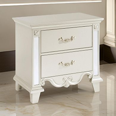 Xeni 28 Inch Nighstand, 2 Drawers, Scrolled And Mirror Accent, Champagne