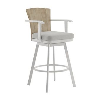 Luna 26 Inch Outdoor Swivel Counter Stool Chair, Rustic Teak Wood, White