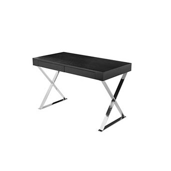 Rix 47 Inch Office Desk, Black Wood Top, 2 Drawers, X Polished Steel Legs