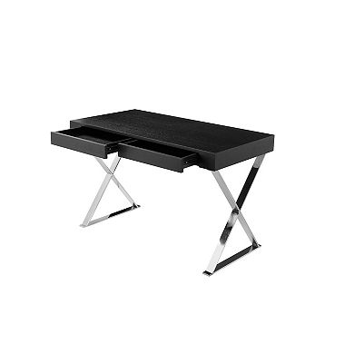 Rix 47 Inch Office Desk, Black Wood Top, 2 Drawers, X Polished Steel Legs