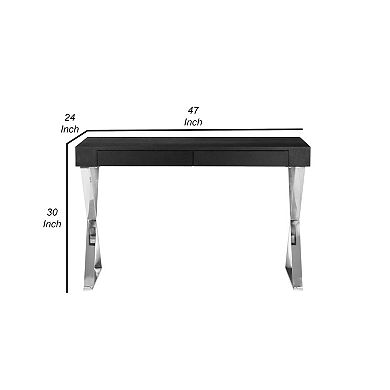 Rix 47 Inch Office Desk, Black Wood Top, 2 Drawers, X Polished Steel Legs