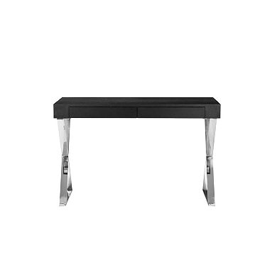 Rix 47 Inch Office Desk, Black Wood Top, 2 Drawers, X Polished Steel Legs
