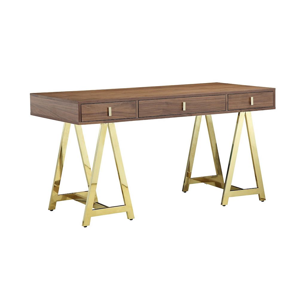 Ile 55 Inch Desk With 3 Storage Drawers, Brown Wood Veneer, Gold Metal