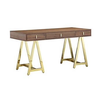 Ile 55 Inch Desk With 3 Storage Drawers, Brown Wood Veneer, Gold Metal