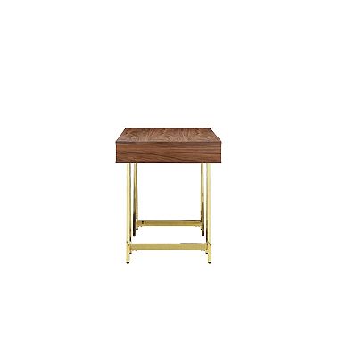 Ile 55 Inch Desk With 3 Storage Drawers, Brown Wood Veneer, Gold Metal