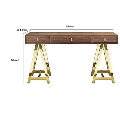 Ile 55 Inch Desk With 3 Storage Drawers, Brown Wood Veneer, Gold Metal