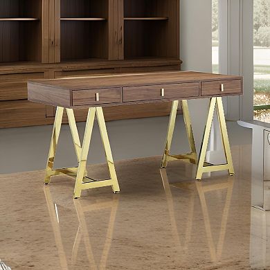 Ile 55 Inch Desk With 3 Storage Drawers, Brown Wood Veneer, Gold Metal