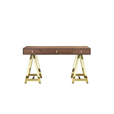Ile 55 Inch Desk With 3 Storage Drawers, Brown Wood Veneer, Gold Metal
