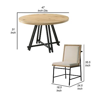 Tete Dining Table Set With 4 Chairs, Solid Wood Round Top, Black Metal Base