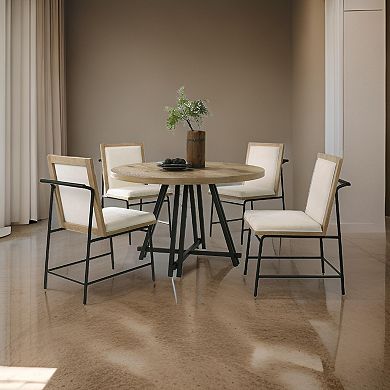 Tete Dining Table Set With 4 Chairs, Solid Wood Round Top, Black Metal Base