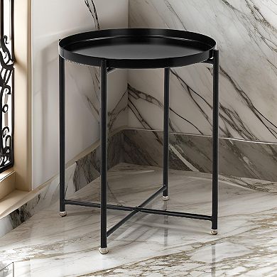 Ely 21 Inch Side End Table, Black Round Tray Top Modern Open Metal Frame