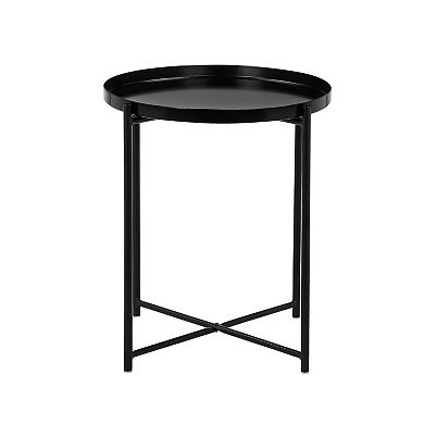 Ely 21 Inch Side End Table, Black Round Tray Top Modern Open Metal Frame