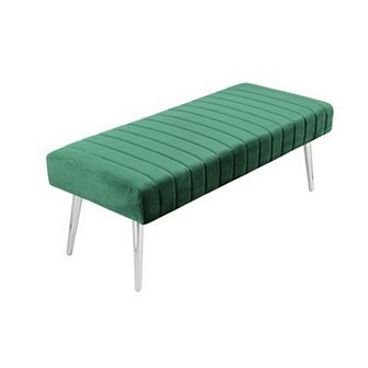 Lida 45 Inch Bench, Modern Tufted Lines, Green Soft Velvet, Chrome Metal