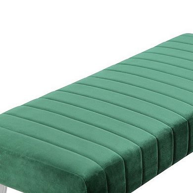 Lida 45 Inch Bench, Modern Tufted Lines, Green Soft Velvet, Chrome Metal