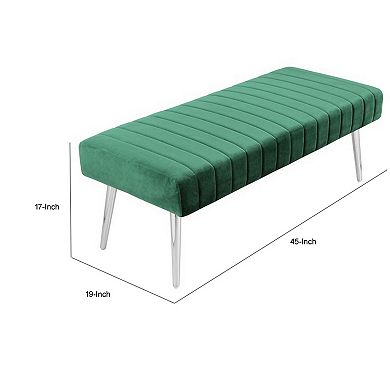 Lida 45 Inch Bench, Modern Tufted Lines, Green Soft Velvet, Chrome Metal