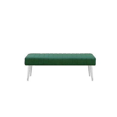 Lida 45 Inch Bench, Modern Tufted Lines, Green Soft Velvet, Chrome Metal