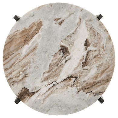 20 Inch Accent Table, Round Marble Top, 1 Shelf, Brown, Gunmetal Finish