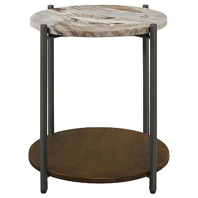 20 Inch Accent Table, Round Marble Top, 1 Shelf, Brown, Gunmetal Finish