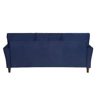 Sarah 80 Inch Sofa, Blue Velvet, Stitch Tufting, Reversible Cushions