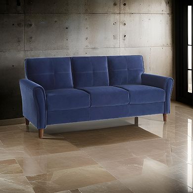 Sarah 80 Inch Sofa, Blue Velvet, Stitch Tufting, Reversible Cushions