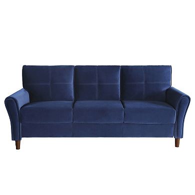 Sarah 80 Inch Sofa, Blue Velvet, Stitch Tufting, Reversible Cushions