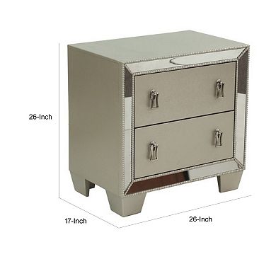 Dem 26 Inch Nightstand With 2 Drawers, Platinum Trim, Silver Wood Finish