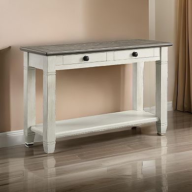 Rome 48 Inch Sofa Table, Rectangular, 2 Drawers, White, Brown, Solid Wood