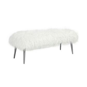 Ammy 45 Inch Bench With Foam Fill Seat, White Faux Fur, Silver Metal Legs