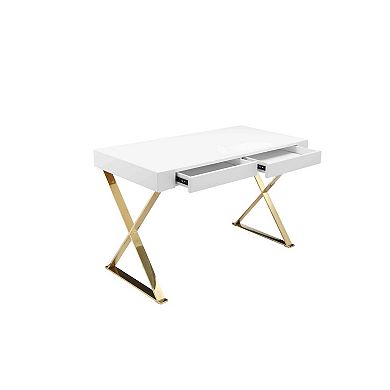 Rix 47 Inch Office Desk, 2 Drawers, Gold Metal Base, Rectangular, White