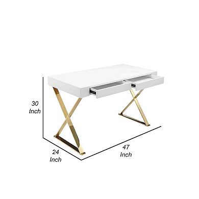 Rix 47 Inch Office Desk, 2 Drawers, Gold Metal Base, Rectangular, White