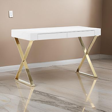 Rix 47 Inch Office Desk, 2 Drawers, Gold Metal Base, Rectangular, White