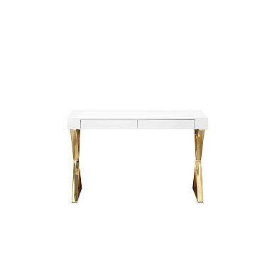 Rix 47 Inch Office Desk, 2 Drawers, Gold Metal Base, Rectangular, White